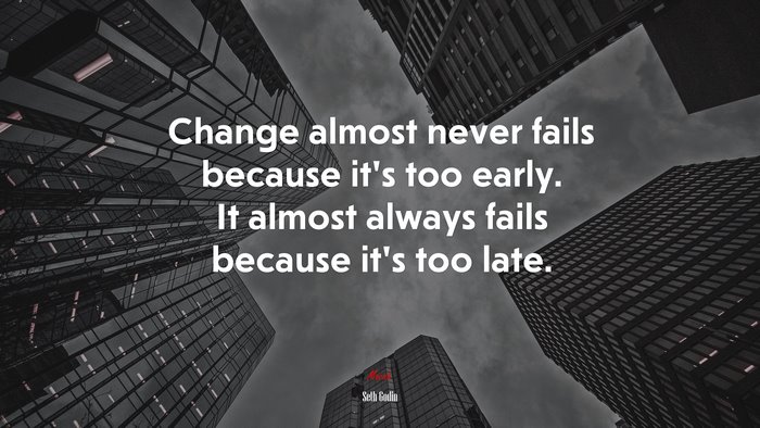 Change almost never fails because it’s too early. It almost always fails because it’s too late. | Seth Godin quote