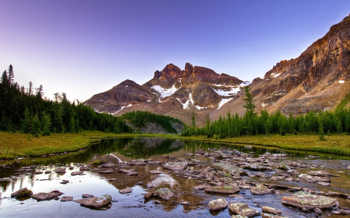 Mountain lake with rocky shore and pine trees
