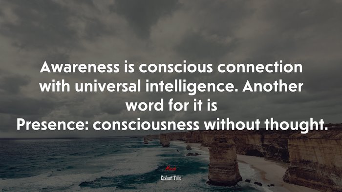 Awareness is conscious connection with universal intelligence. Another word for it is Presence: consciousness without thought. | Eckhart Tolle quote