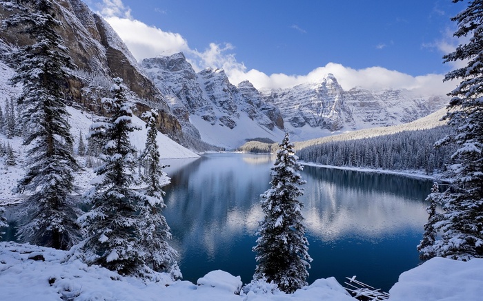 Snow-covered mountains and lake with pine trees