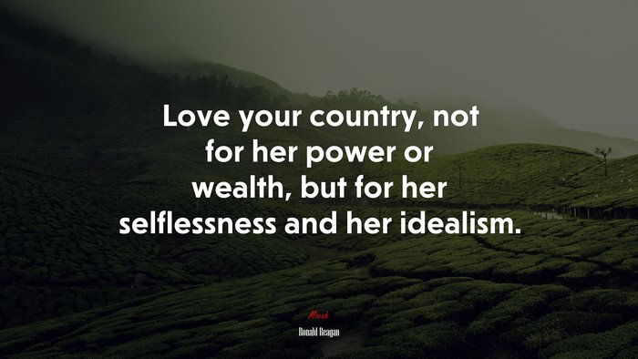 Love your country, not for her power or wealth, but for her selflessness and her idealism. | Ronald Reagan quote
