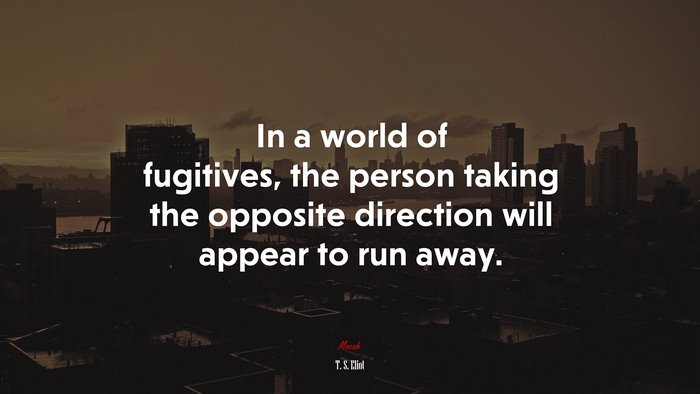 In a world of fugitives, the person taking the opposite direction will appear to run away. | T. S. Eliot quote