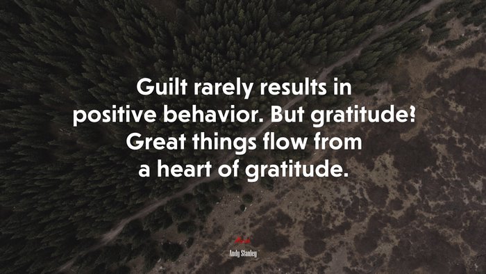 Guilt rarely results in positive behavior. But gratitude? Great things flow from a heart of gratitude. | Andy Stanley quote