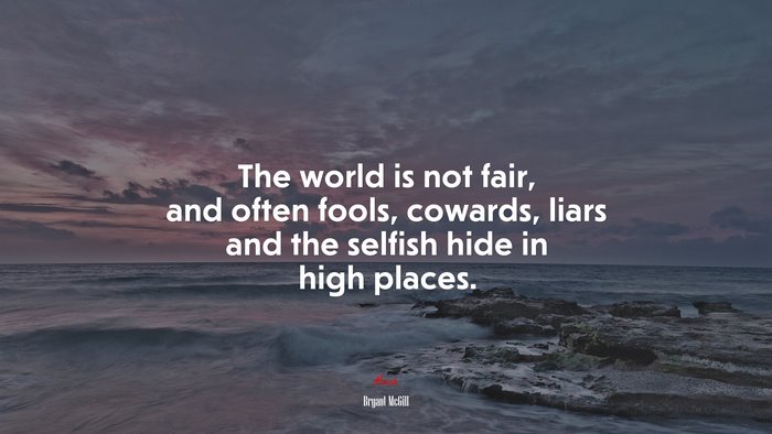 The world is not fair, and often fools, cowards, liars and the selfish hide in high places. | Bryant McGill quote