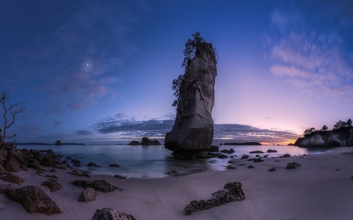 Cathedral Cove at twilight with moon