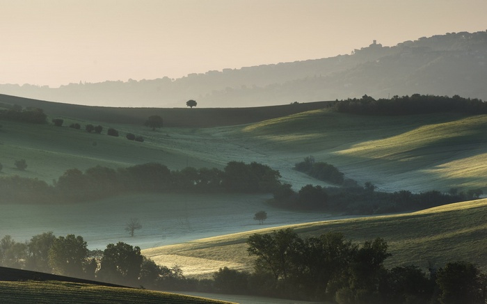 Rolling hills with trees and a distant town at sunrise