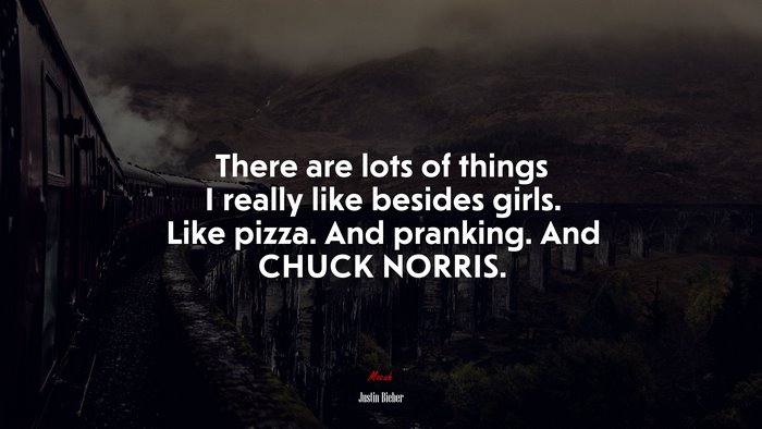 There are lots of things I really like besides girls. Like pizza. And pranking. And CHUCK NORRIS. | Justin Bieber quote