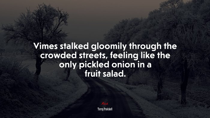 Vimes stalked gloomily through the crowded streets, feeling like the only pickled onion in a fruit salad. | Terry Pratchett quote