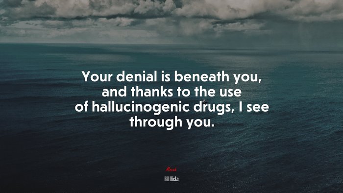 Your denial is beneath you, and thanks to the use of hallucinogenic drugs, I see through you. | Bill Hicks quote