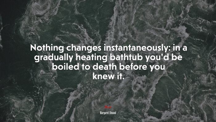 Nothing changes instantaneously: in a gradually heating bathtub you’d be boiled to death before you knew it. | Margaret Atwood quote
