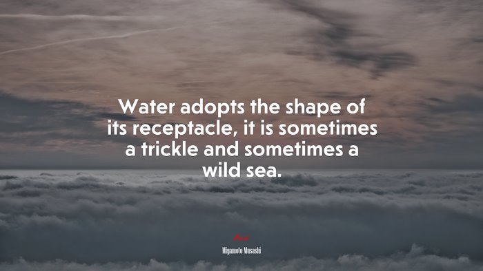 Water adopts the shape of its receptacle, it is sometimes a trickle and sometimes a wild sea. | Miyamoto Musashi quote