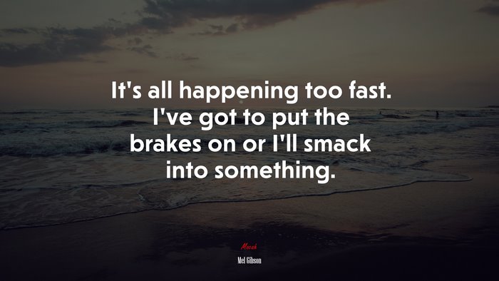 It’s all happening too fast. I’ve got to put the brakes on or I’ll smack into something. | Mel Gibson quote