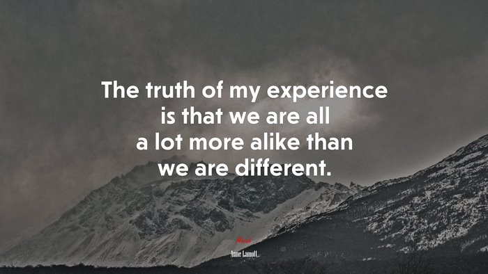 The truth of my experience is that we are all a lot more alike than we are different. | Anne Lamott quote