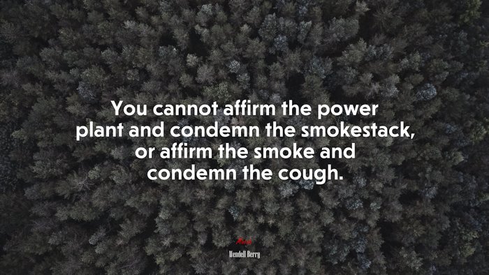 You cannot affirm the power plant and condemn the smokestack, or affirm the smoke and condemn the cough. | Wendell Berry quote