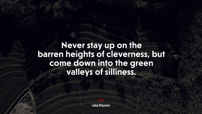 Never stay up on the barren heights of cleverness, but come down into the green valleys of silliness. | Ludwig Wittgenstein quote