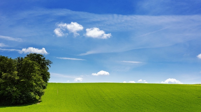 Green rolling hills under a blue sky with clouds
