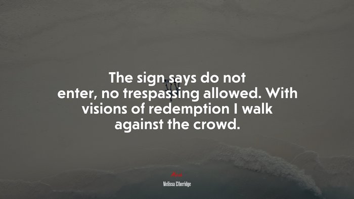 The sign says do not enter, no trespassing allowed. With visions of redemption I walk against the crowd. | Melissa Etheridge quote