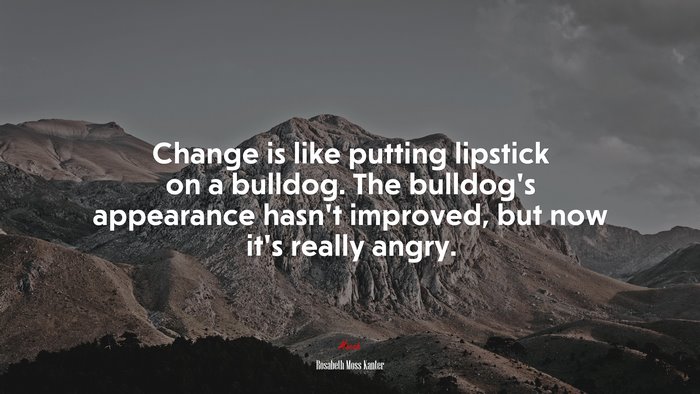 Change is like putting lipstick on a bulldog. The bulldog’s appearance hasn’t improved, but now it’s really angry. | Rosabeth Moss Kanter quote