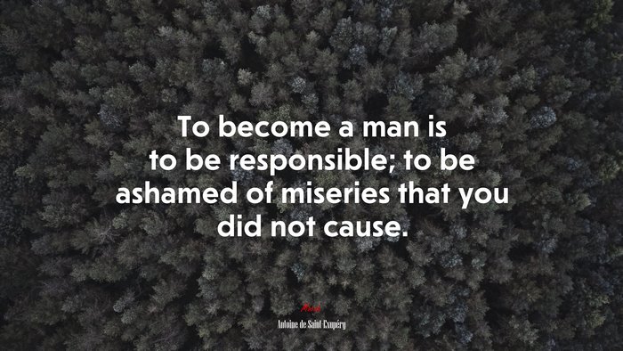 To become a man is to be responsible; to be ashamed of miseries that you did not cause. | Antoine de Saint-Exupéry quote