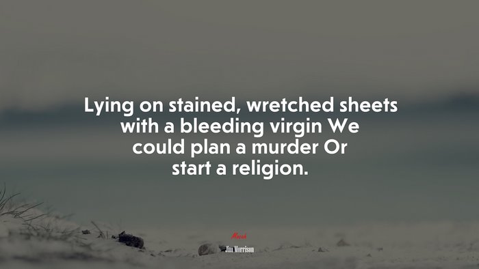 Lying on stained, wretched sheets with a bleeding virgin We could plan a murder Or start a religion. | Jim Morrison quote