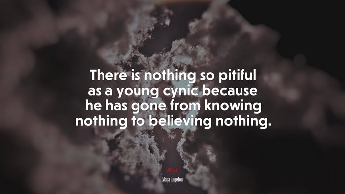 There is nothing so pitiful as a young cynic because he has gone from knowing nothing to believing nothing. | Maya Angelou quote