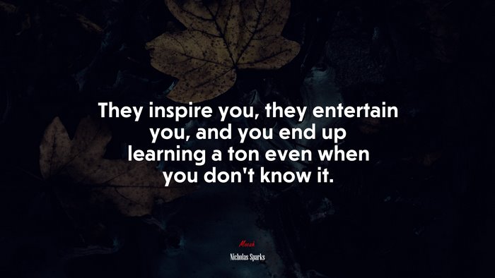 They inspire you, they entertain you, and you end up learning a ton even when you don’t know it. | Nicholas Sparks quote