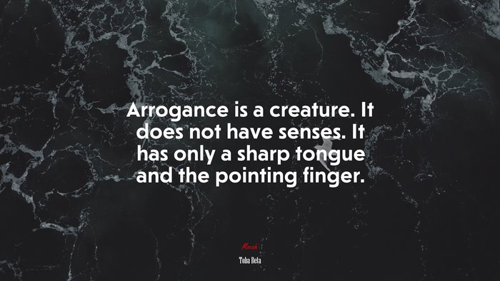 Arrogance is a creature. It does not have senses. It has only a sharp tongue and the pointing finger. | Toba Beta quote