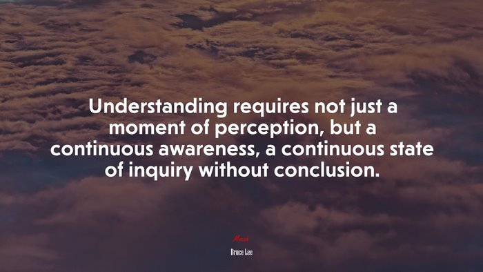 Understanding requires not just a moment of perception, but a continuous awareness, a continuous state of inquiry without conclusion. | Bruce Lee quote