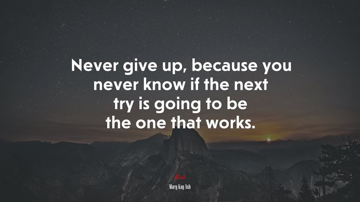 Never give up, because you never know if the next try is going to be the one that works. | Mary Kay Ash quote