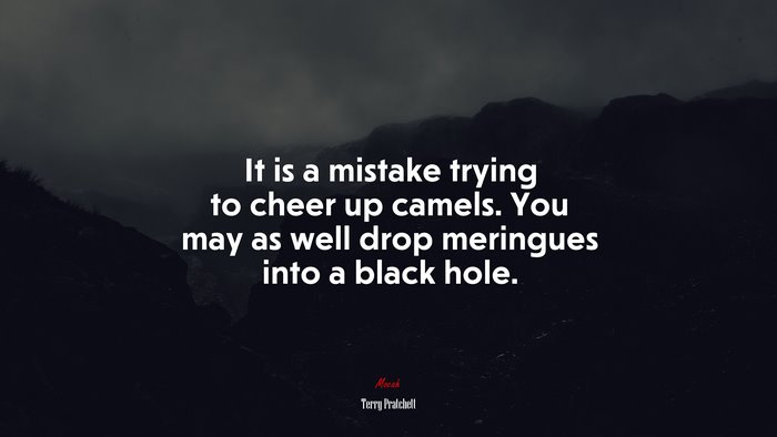 It is a mistake trying to cheer up camels. You may as well drop meringues into a black hole. | Terry Pratchett quote