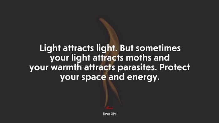 Light attracts light. But sometimes your light attracts moths and your warmth attracts parasites. Protect your space and energy. | Warsan Shire quote