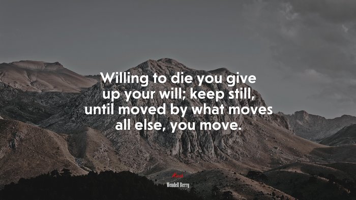 Willing to die you give up your will; keep still, until moved by what moves all else, you move. | Wendell Berry quote