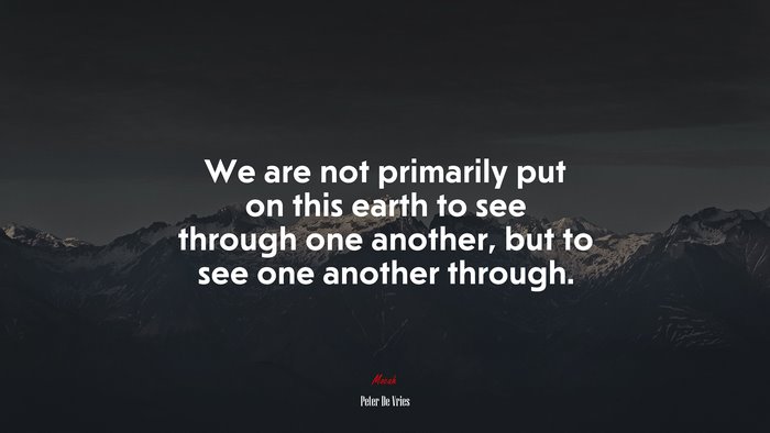 We are not primarily put on this earth to see through one another, but to see one another through. | Peter De Vries quote