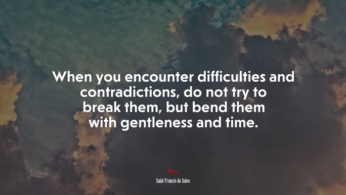 When you encounter difficulties and contradictions, do not try to break them, but bend them with gentleness and time. | Saint Francis de Sales quote