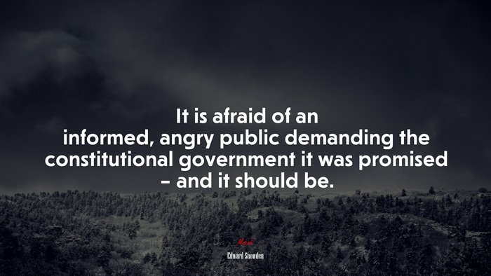 It is afraid of an informed, angry public demanding the constitutional government it was promised – and it should be. | Edward Snowden quote