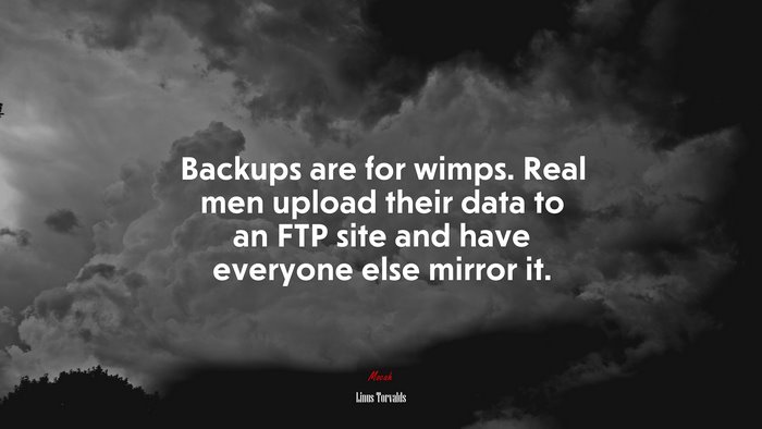 Backups are for wimps. Real men upload their data to an FTP site and have everyone else mirror it. | Linus Torvalds quote