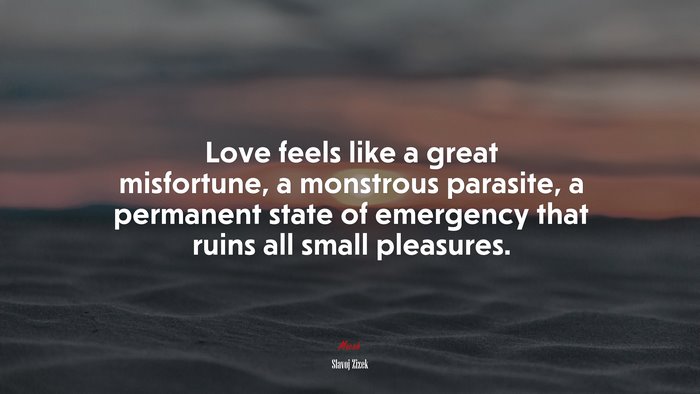Love feels like a great misfortune, a monstrous parasite, a permanent state of emergency that ruins all small pleasures. | Slavoj Žižek quote