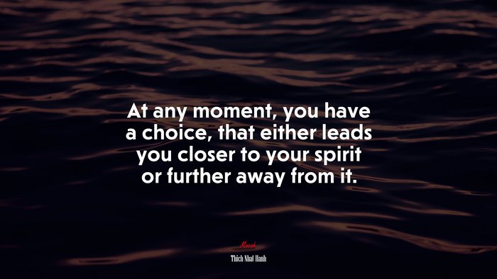 At any moment, you have a choice, that either leads you closer to your spirit or further away from it. | Thich Nhat Hanh quote