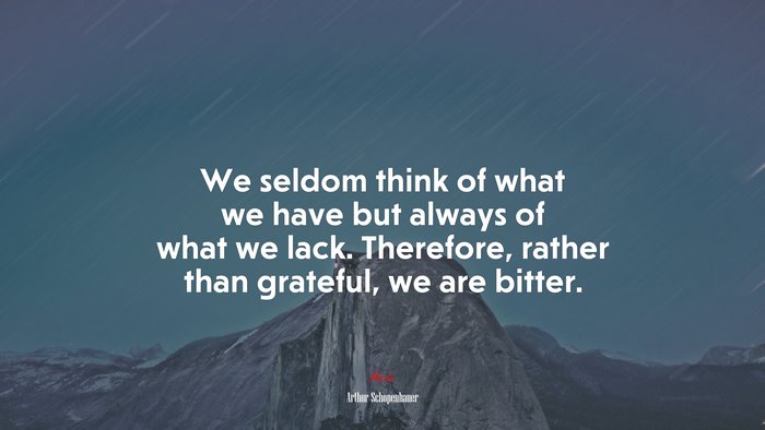 We seldom think of what we have but always of what we lack. Therefore, rather than grateful, we are bitter. | Arthur Schopenhauer quote