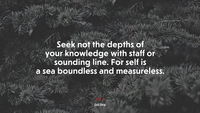 Seek not the depths of your knowledge with staff or sounding line. For self is a sea boundless and measureless. | Khalil Gibran quote
