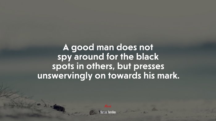 A good man does not spy around for the black spots in others, but presses unswervingly on towards his mark. | Marcus Aurelius quote