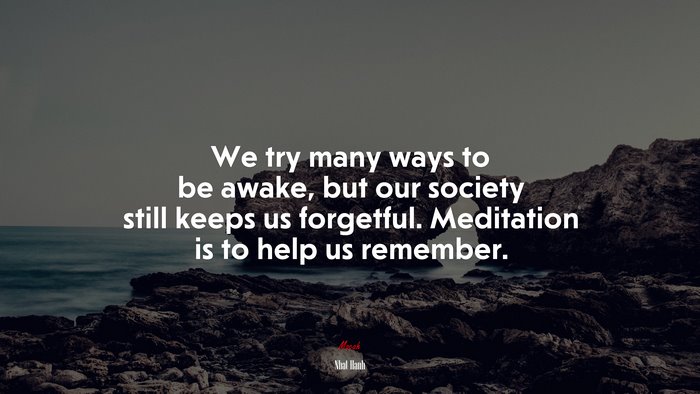 We try many ways to be awake, but our society still keeps us forgetful. Meditation is to help us remember. | Nhat Hanh quote