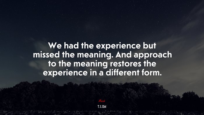 We had the experience but missed the meaning. And approach to the meaning restores the experience in a different form. | T. S. Eliot quote