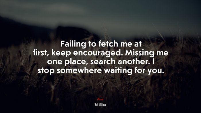 Failing to fetch me at first, keep encouraged. Missing me one place, search another. I stop somewhere waiting for you. | Walt Whitman quote