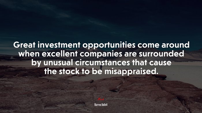 Great investment opportunities come around when excellent companies are surrounded by unusual circumstances that cause the stock to be misappraised. | Warren Buffett quote