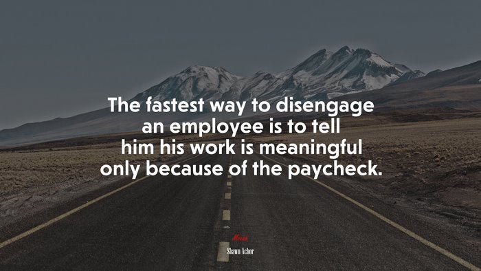 The fastest way to disengage an employee is to tell him his work is meaningful only because of the paycheck. | Shawn Achor quote