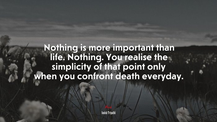 Nothing is more important than life. Nothing. You realise the simplicity of that point only when you confront death everyday. | Amish Tripathi quote