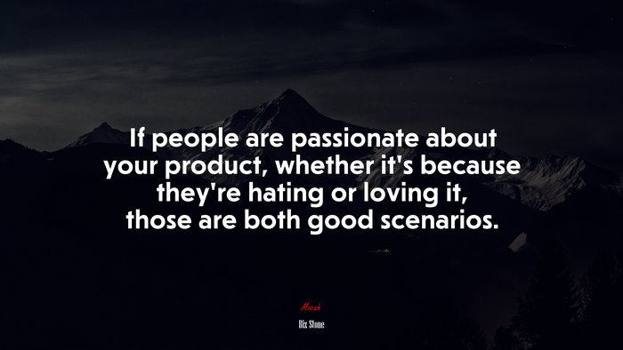 If people are passionate about your product, whether it’s because they’re hating or loving it, those are both good scenarios. | Biz Stone quote