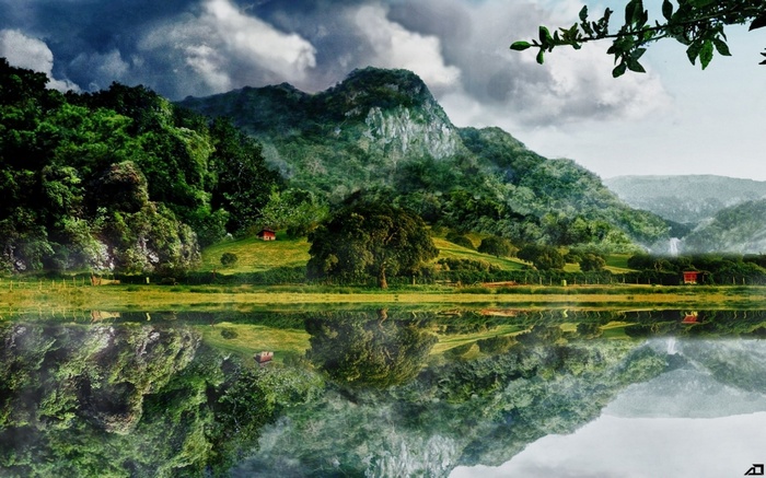 Reflection of a Lush Mountain Landscape in a Lake
