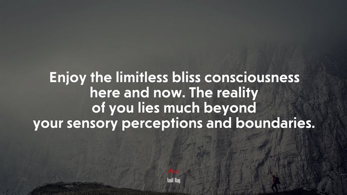 Enjoy the limitless bliss consciousness here and now. The reality of you lies much beyond your sensory perceptions and boundaries. | Amit Ray quote